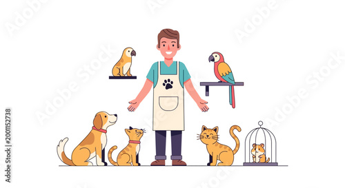 Pet groomer with animals and birds.