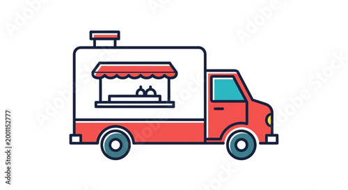 Red food truck with awning.