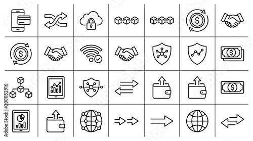 Vector Icons Set of financial and digital technology line icons. EPS Editable. Vector Illustrations.