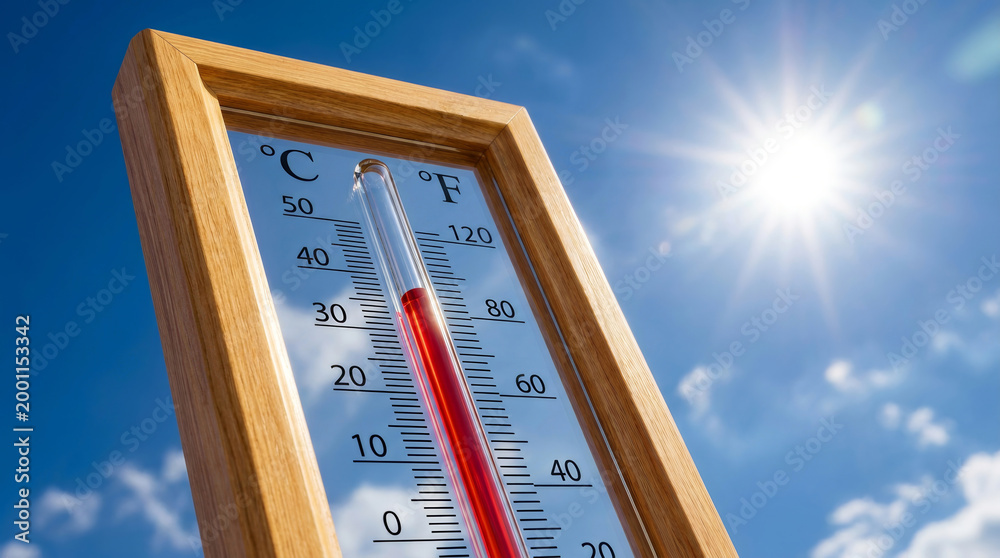 Fototapeta premium Extreme summer heat wave thermometer hot sun temperature climate change weather sky. Heat wave extreme summer, sun high temperature hot weather, global warming, heat stroke