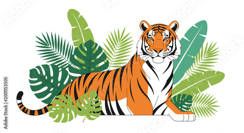 Bengal tiger lying among tropical jungle leaves flat vector