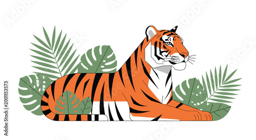 Bengal tiger lying among tropical jungle leaves illustration