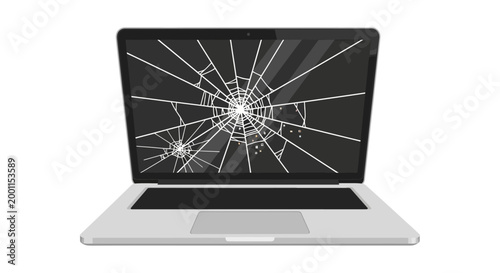 Illustration of a laptop with a broken shattered screen isolated on white background