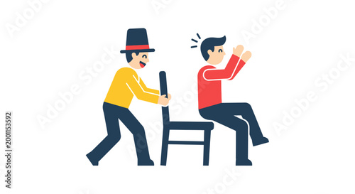 A man pulls a chair from under another, creating a surprise prank.