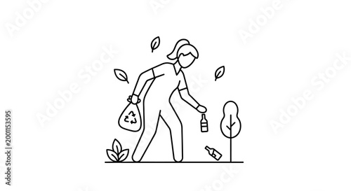 Fotografia Line art illustration of a woman picking up trash and recycling in nature