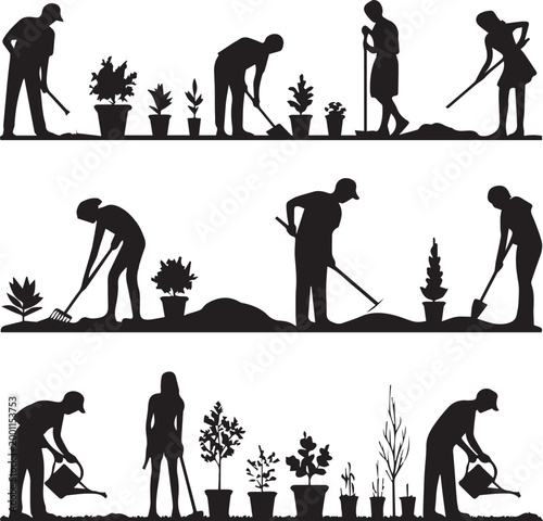 Silhouettes of people gardening with plants and tools Vector