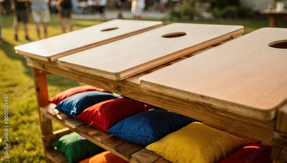 Naklejka premium Closeup medium shot of cornhole boards neatly arranged on rental shelves with colorful bean bags slightly out of focus in a lively backyard setting.