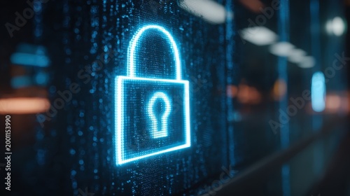 Digital Security: A glowing digital padlock, symbolizing the protection of sensitive data in the digital realm. It signifies safeguarding and encryption