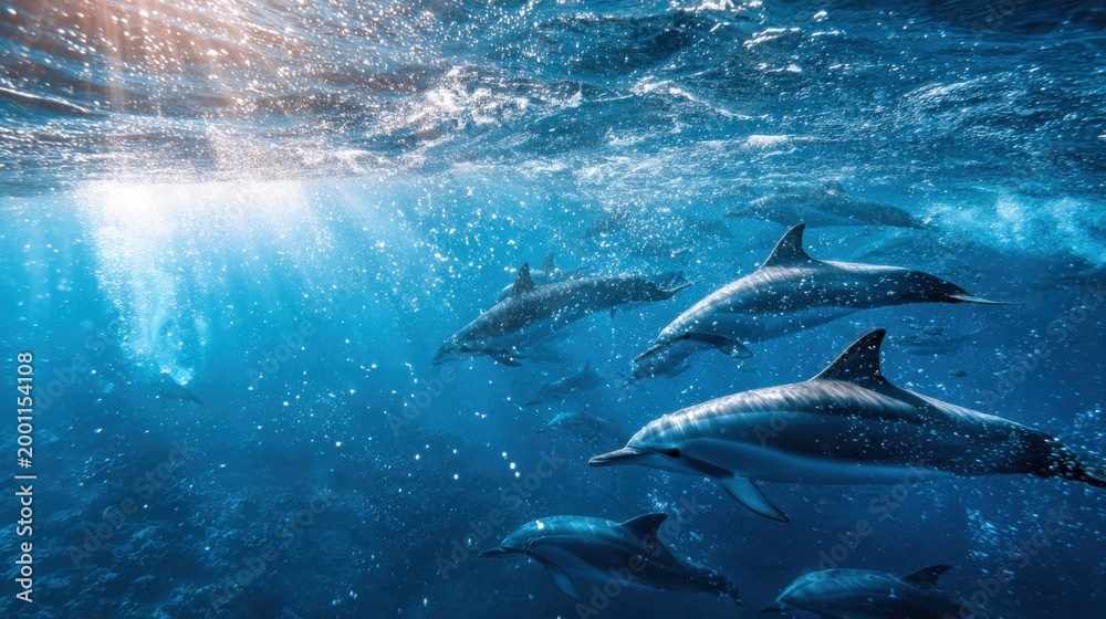 Fototapeta premium Underwater Symphony: A school of dolphins dances gracefully beneath the ocean's surface, illuminated by sunbeams, creating an awe-inspiring underwater panorama. 