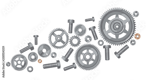 Collection of metal gears and bolts isolated on white background