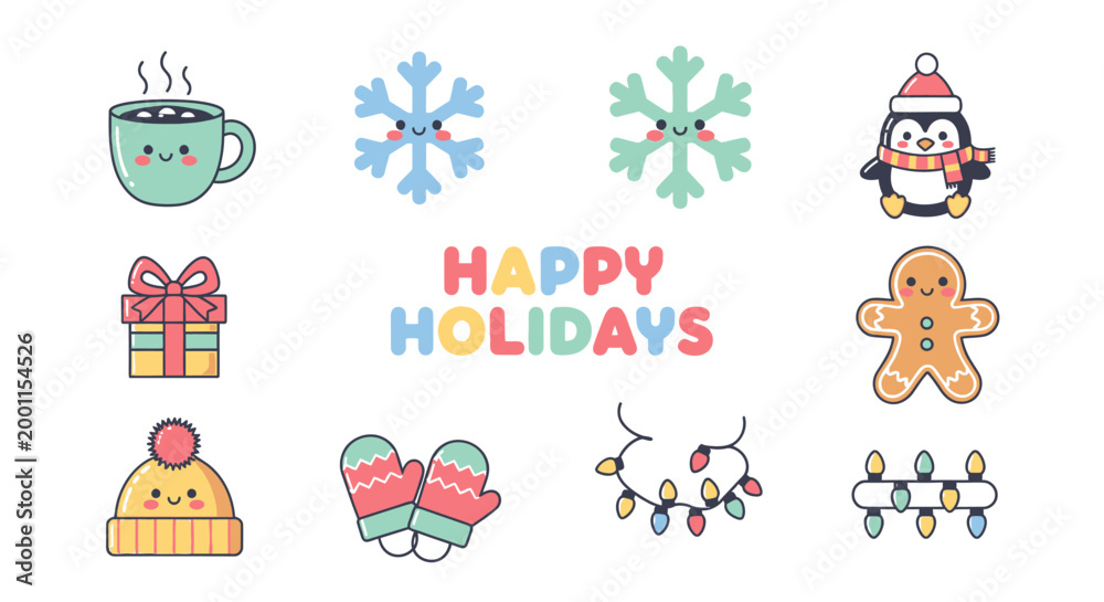 Fototapeta premium Cute kawaii holiday sticker set with winter icons and text