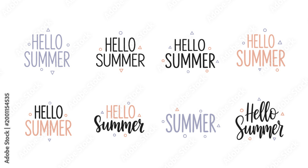 Fototapeta premium Eight minimalist Hello Summer typography labels on white background