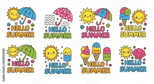 Cute colorful hello summer sticker set with sun and beach