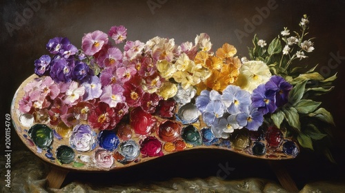 Colorful flower arrangement on artist's palette, studio setting