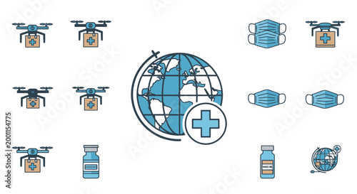 Flat medical logistics icons featuring drones globe masks and vaccines
