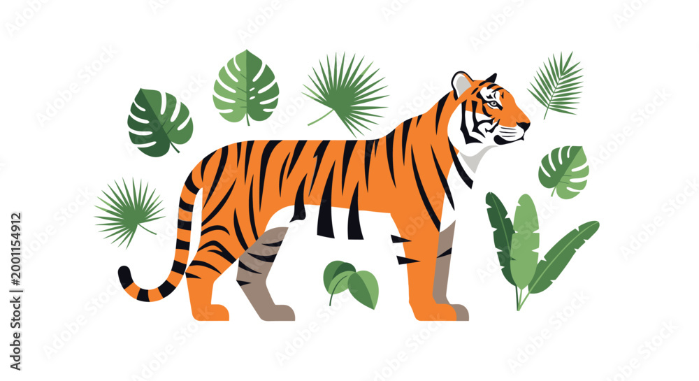 Obraz premium Flat vector illustration of a tiger with tropical jungle leaves
