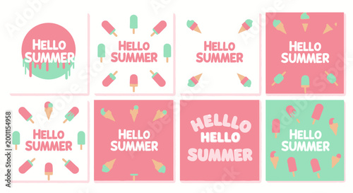 Flat vector summer cards with ice cream and popsicles