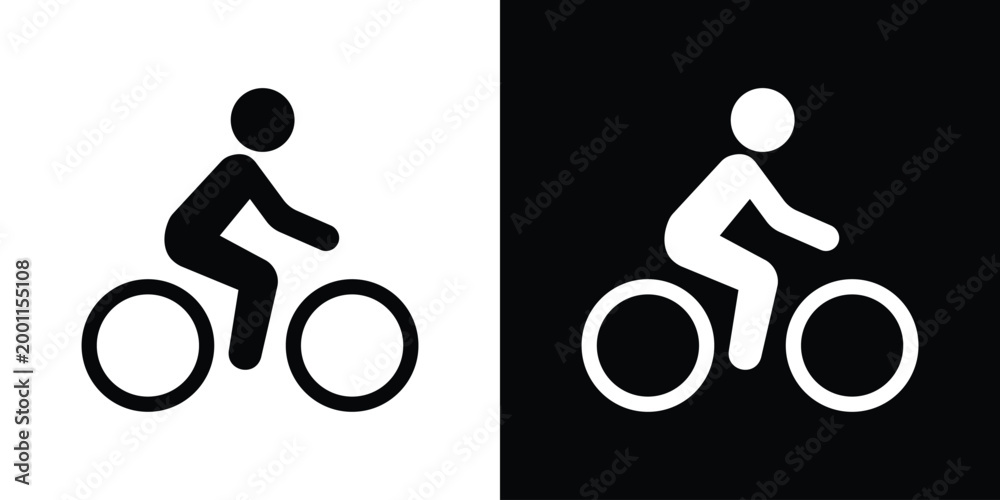 Obraz premium Minimalist cyclist icon featuring a person riding a bicycle. Vector graphic illustration suitable for bike lanes, transport signage, or sports design, isolated on black and white background.