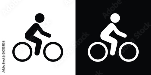 Minimalist cyclist icon featuring a person riding a bicycle. Vector graphic illustration suitable for bike lanes, transport signage, or sports design, isolated on black and white background.