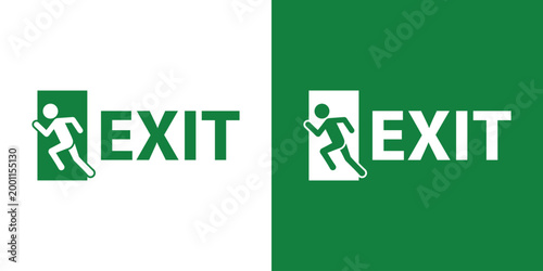 Emergency exit sign featuring a running human figure exiting a door with the text EXIT. Professional vector icon for safety signage and building navigation, isolated on green and white background.