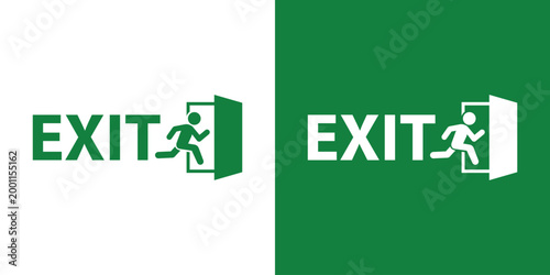 Emergency exit sign featuring a running human figure exiting a door with the text EXIT. Professional vector icon for safety signage and building navigation, isolated on green and white background.