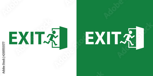 Emergency exit sign featuring a running human figure exiting a door with the text EXIT. Professional vector icon for safety signage and building navigation, isolated on green and white background.