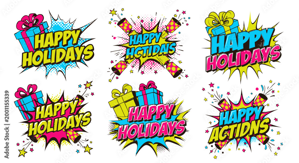 Obraz premium Happy Holidays comic style pop art greeting icons set