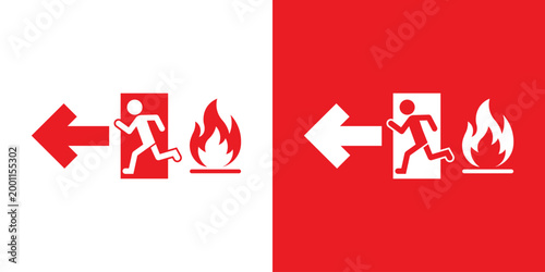 Fire safety emergency evacuation sign. Features a running person fleeing fire with a directional arrow. Vector icon for public building safety and hazard awareness, isolated on red and white backgroun