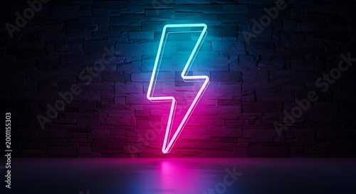 Glowing neon lightning bolt sign mounted on dark brick wall with lightning electric illumination interior electricity
