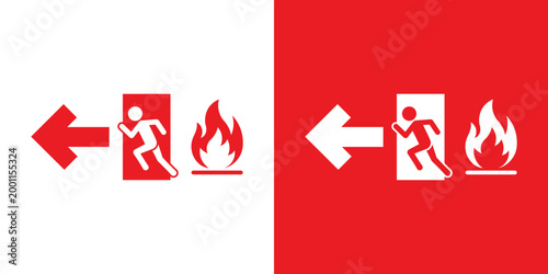 Fire safety emergency evacuation sign. Features a running person fleeing fire with a directional arrow. Vector icon for public building safety and hazard awareness, isolated on red and white backgroun