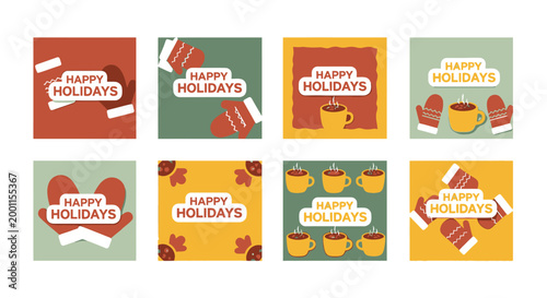 Happy Holidays greeting cards set with mittens and hot drinks