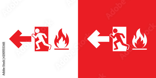 Fire safety emergency evacuation sign. Features a running person fleeing fire with a directional arrow. Vector icon for public building safety and hazard awareness, isolated on red and white backgroun