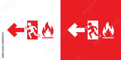 Fire safety emergency evacuation sign. Features a running person fleeing fire with a directional arrow. Vector icon for public building safety and hazard awareness, isolated on red and white backgroun