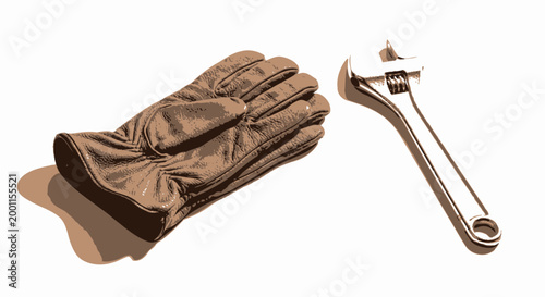 Leather work glove and adjustable metal wrench on white background