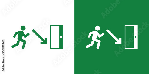 Fire exit sign featuring a running person and diagonal arrow. Clear vector icon for building safety, emergency evacuation, and hazard guidance. Professional green and white graphic design.