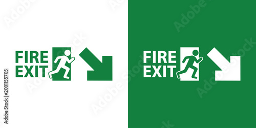 Fire exit sign featuring a running person and diagonal arrow. Clear vector icon for building safety, emergency evacuation, and hazard guidance. Professional green and white graphic design.