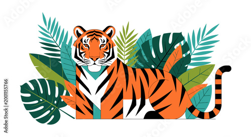 Majestic tiger sitting among tropical green leaves on white background