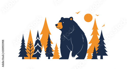 Minimalist black bear and pine forest landscape illustration