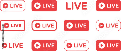 Red live stream button vector icon set with play symbols for social media broadcasting online video and real-time internet streaming.