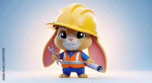 Stylized 3D adorable bunny character wearing oversized hard hat and safety vest, big expressive eyes, smooth soft fur shading, playful pose holding small tool or blueprint.