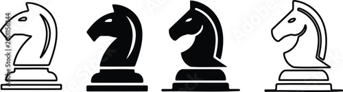 Collection of four chess knight piece displayed in different styles including solid black and linear outlines for strategy games and tournament use