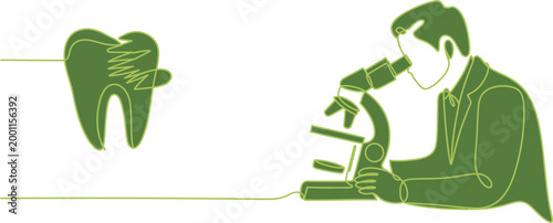 Continuous line of a dentist examining a damaged tooth using a microscope in a green monochrome style on a plain white background for medical
