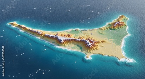 3D topographic map of Aruba island, showing realistic elevation, coastal contours, sandy beaches, rocky formations, and desert terrain