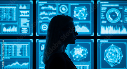 Silhouette of a woman standing in front of digital financial data screens with silhouette analysis technology business futuristic investigation intelligence information computing monitoring