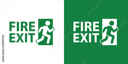 Standard Fire Exit sign featuring a running human figure. Essential vector icon for fire safety compliance, building navigation, and emergency evacuation protocols. Clean green and white design.