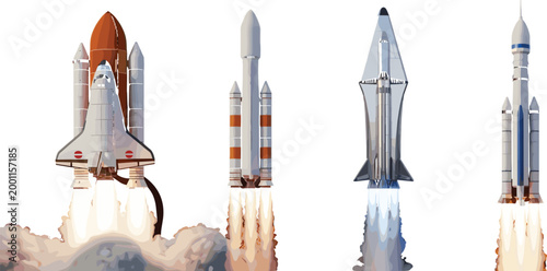 Slika na platnu Space Rocket Launch Vector Set Featuring Shuttle Discovery and Modern Spacecraft