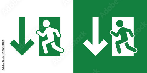 Emergency evacuation sign with a running person and a downward arrow. Essential vector icon for directing traffic toward exits in public buildings. Professional green and white flat design.