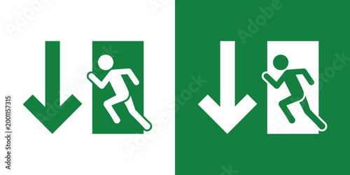 Emergency evacuation sign with a running person and a downward arrow. Essential vector icon for directing traffic toward exits in public buildings. Professional green and white flat design.