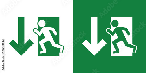 Emergency evacuation sign with a running person and a downward arrow. Essential vector icon for directing traffic toward exits in public buildings. Professional green and white flat design.