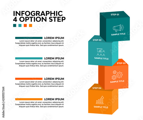 Vector cube infographic with 4 option steps for business presentations and reports. Editable vector.